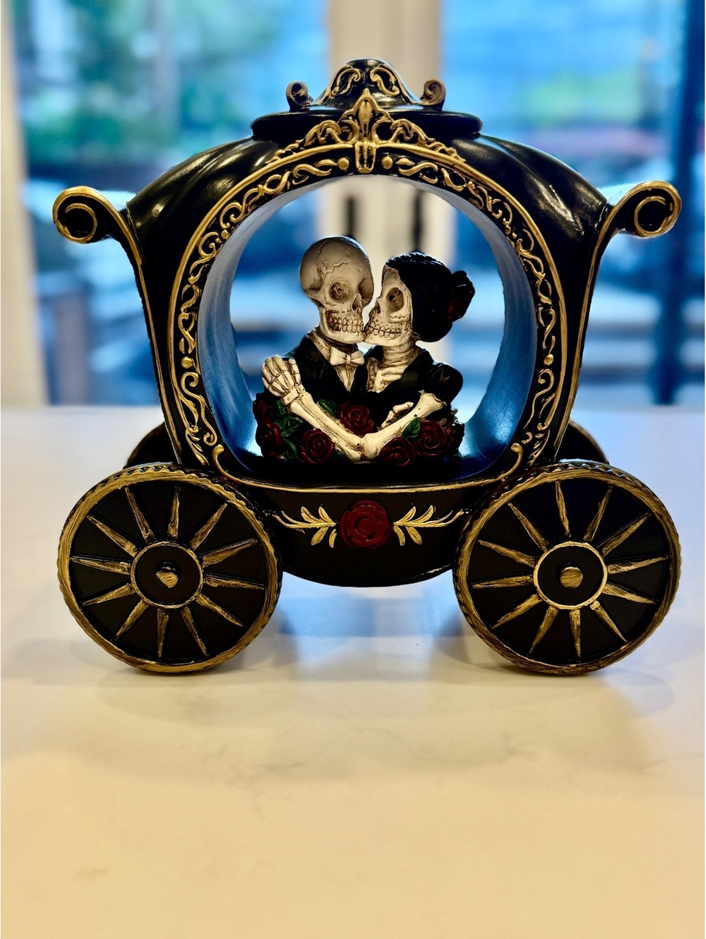 Gothic Skeleton Couple In Carriage Figurine Halloween Day of The Dead Decor 11"